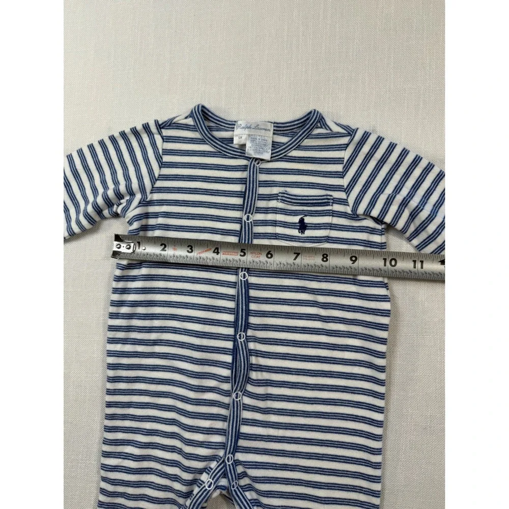 Ralph Lauren Baby Boys Blue White Striped Long Sleeve Cotton Romper 6M